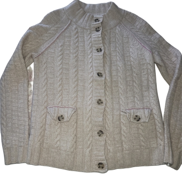 Banana Republic Beige Cable Knit Lamb's Wool Cashmere Blend Button Up Cardigan S - Picture 3 of 7